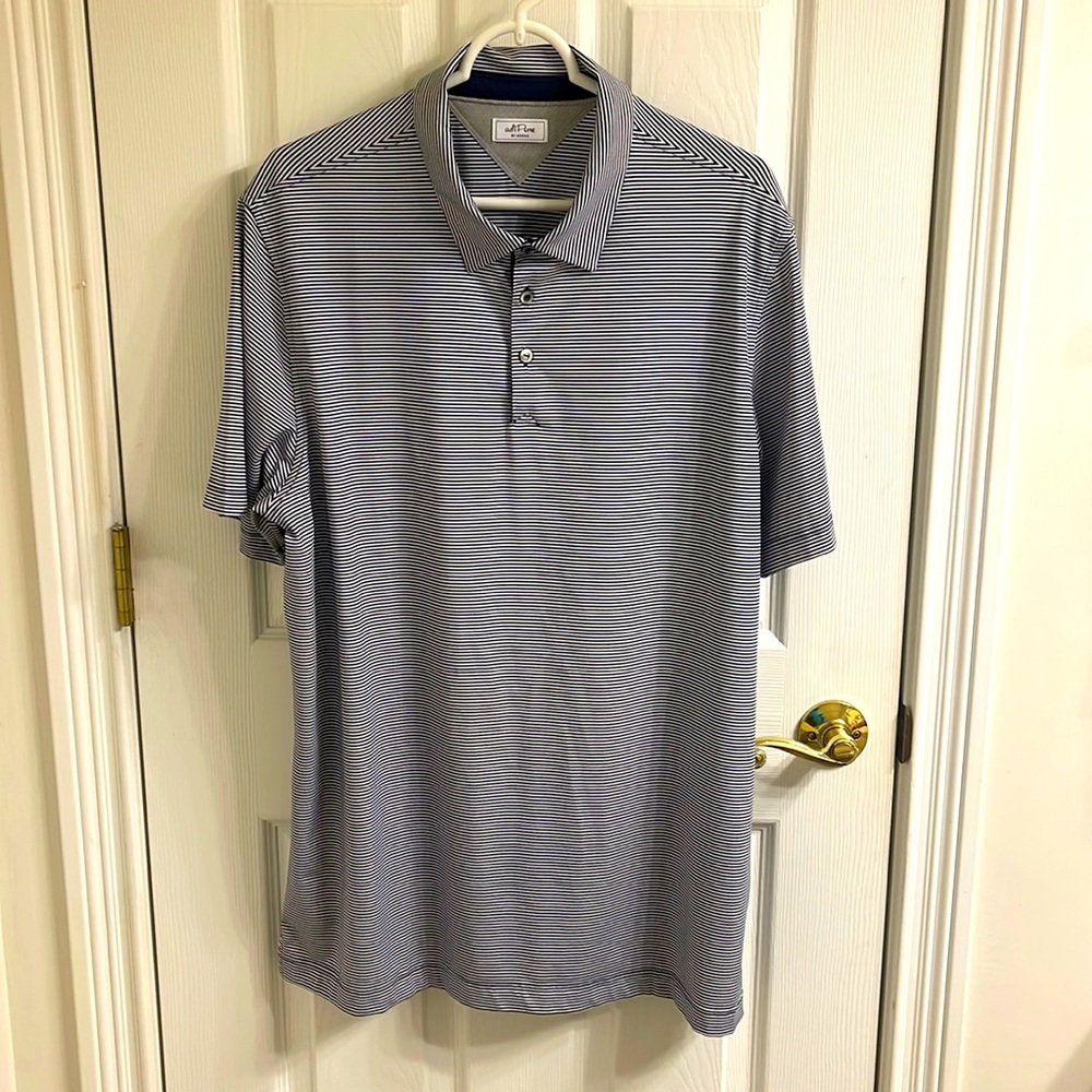Mens Adidas Adi Pure Golf polo size L Navy and White pinstripes Pristine Cond